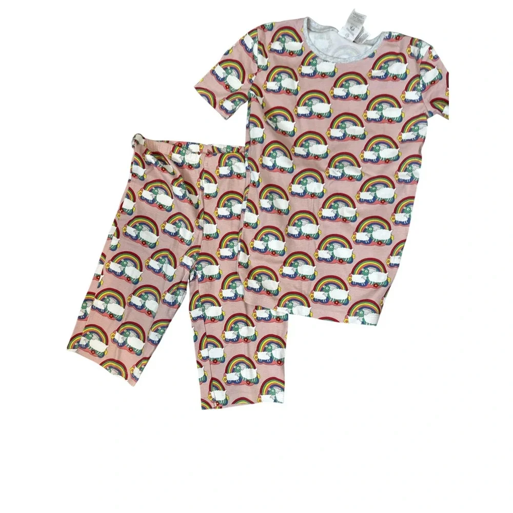 Mini Boden Pajama Set Kids 11-12 Years Pink Sheep Rainbow Print Jersey 2pc